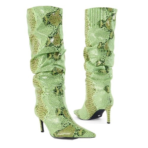 perixir Green Snakeskin Boots Knee High Boots Women Sexy Stunning and Stylish Exquisite Pointed Toe Fine High Heels Pleated Size 12 | Amazon (US)