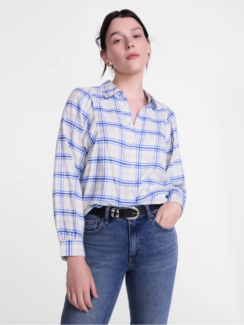 Scenario Women's Plaid Shirt with Long Puff Sleeves, Sizes XS-XXXL | Walmart (US)