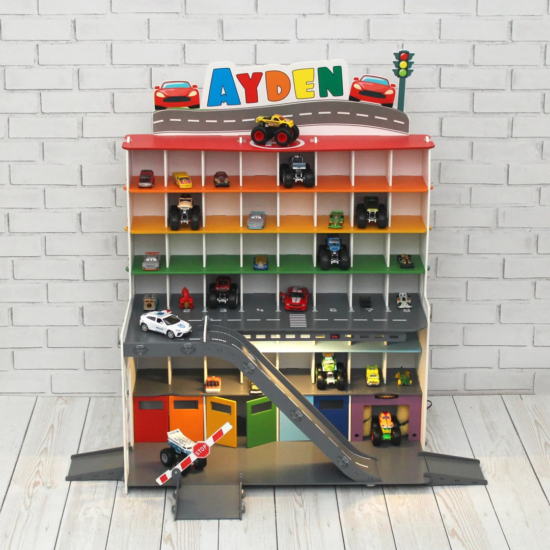 Personalized Wooden Toy Garage, Wooden Toy Organizer, Toy Storage Made of Plywood, Rainbow Colore... | Etsy (US)