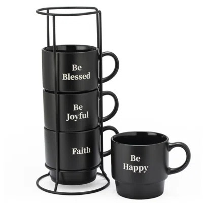 Be Happy Stackable Stoneware Coffee Mug Set with Rack | Wayfair North America