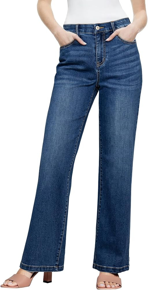 Sidefeel Women's Wide Leg Jeans High Waisted Tummy Control Stretchy Straight Leg Elastic Waist Tr... | Amazon (US)