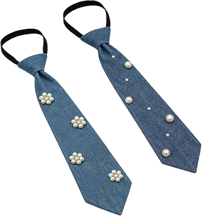 2 Pcs Denim Tie with Pearls, Adjustable Length Denim Neckties | Amazon (US)