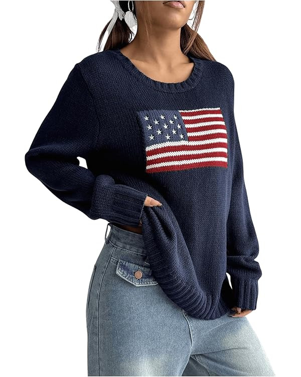 SweatyRocks Women's Flag Pattern Long Sleeve Round Neck Sweater Casual Loose Pullover Sweater | Amazon (US)