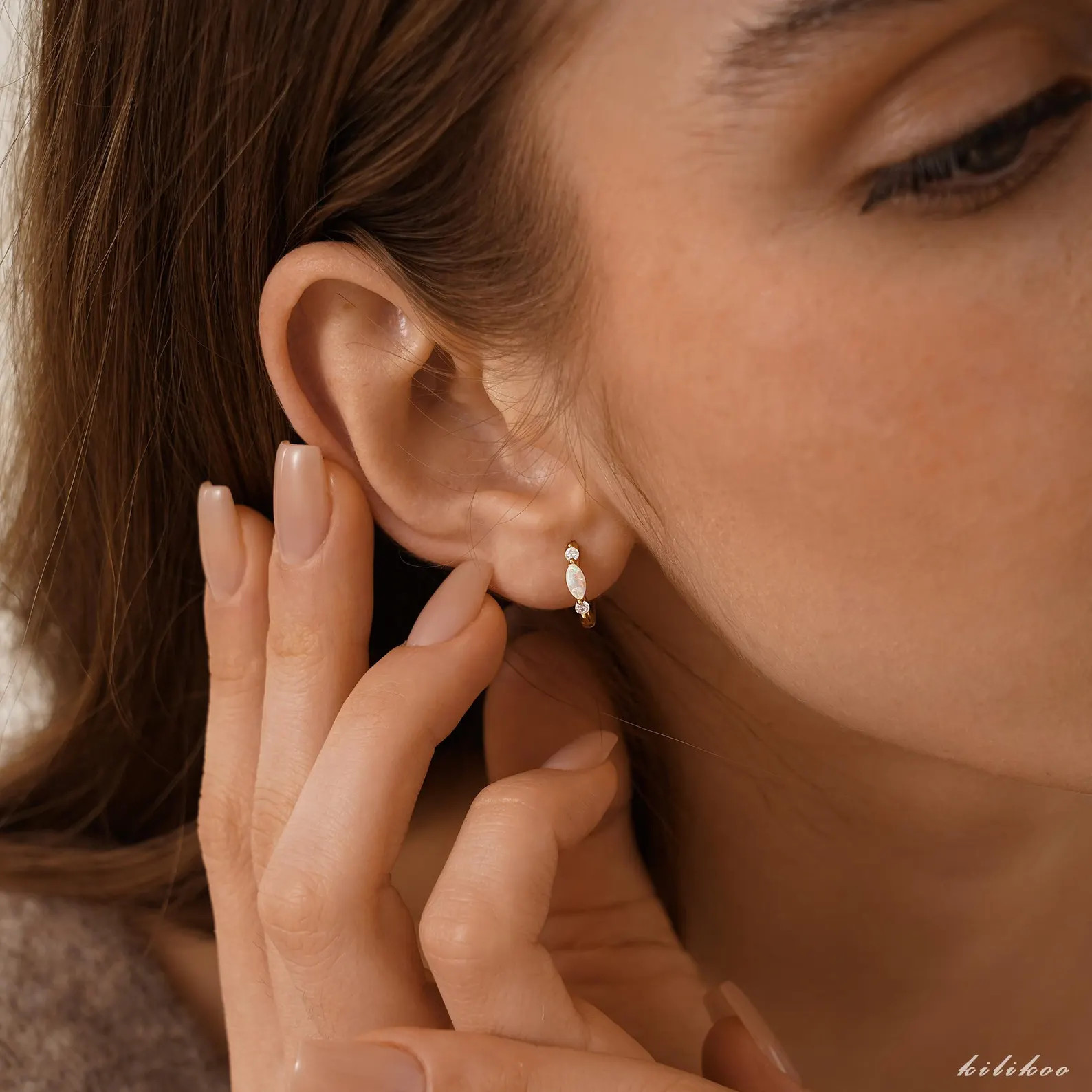 Minimalist Birthstone Huggie Hoop Earrings, Opal Huggie Hoop Earrings, October Birthstone Earring... | Etsy (US)