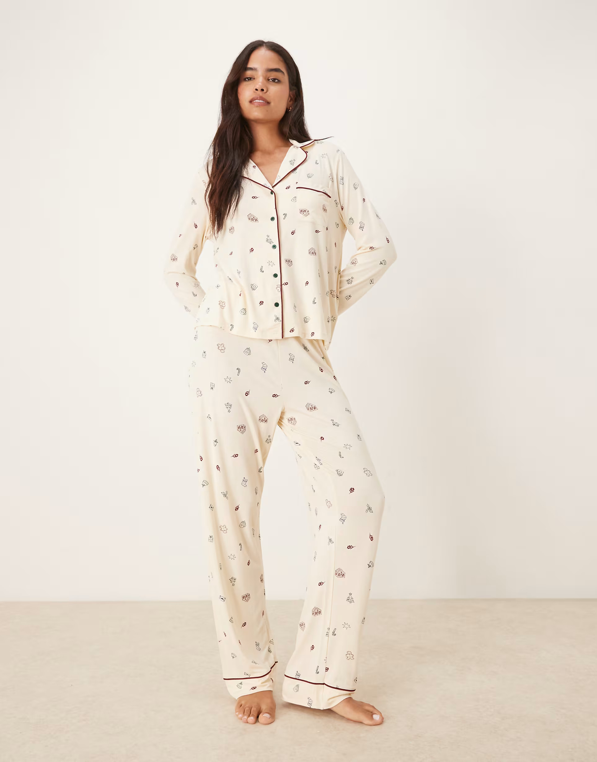 ASOS DESIGN super soft long sleeve shirt & trouser pyjama set with contrast piping in cream Chris... | ASOS (Global)