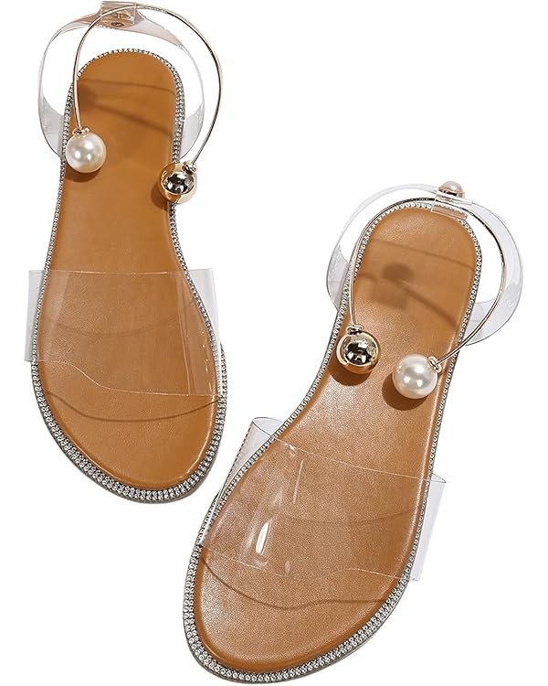 OYOANGLE Women's Pearl Decor Clear Straps Open Toe Flat Sandals Leather Outdoor Beach Sandals | Amazon (US)