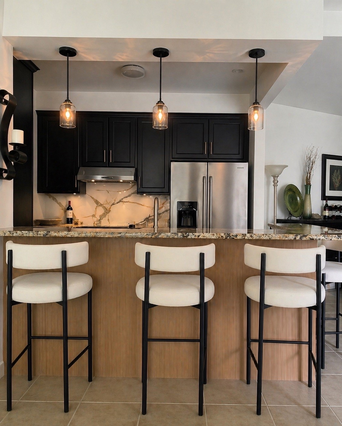 My mom’s DIY kitchen refresh! Follow me on @abraujewelry for more info on how I achieved this in just 3 days. Linking everything I used.  

🏷️ modern kitchen , modern white counter stools, bar stools , modern upholstered kitchen counter stools , pole wrap , backsplash slab , porcelain tile , vent hood#LTKMothersDay

#LTKHome #LTKmomlife