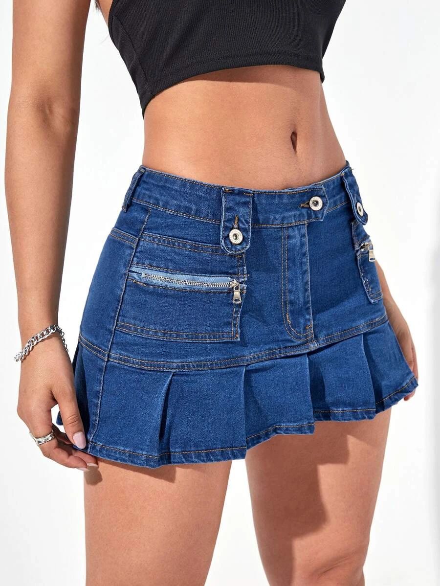 Zipper Detail Pleated Hem Mini Denim Skirt
   SKU: sw2206305630168826      
          (542 Review... | SHEIN