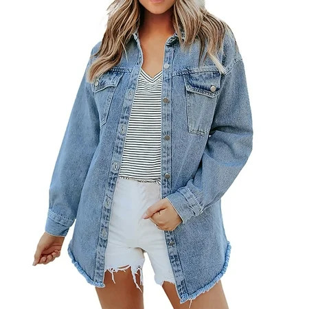 HAXMNOU Denim Jacket For Women Women s Solid Color Washed Denim Jacket Casual Long Jacket Jean Jacket Women Bu1 M | Walmart (US)