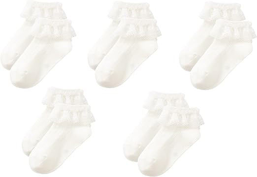 Gwenvenni Toddler Girls Ruffle Lace Trim Cotton Socks Eyelet Frilly Dress Socks 5 -Pack | Amazon (US)