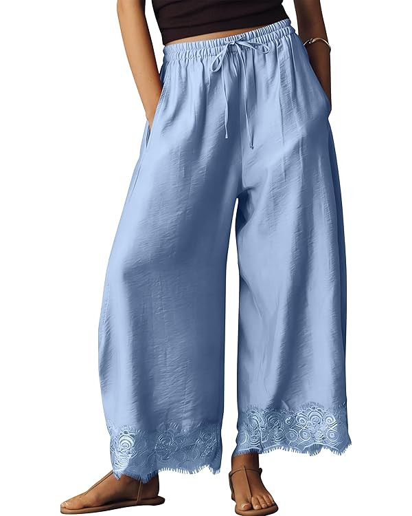Ziesexy Womens Lace Trim Wide Leg Pants 2026 Summer Cropped Lace-Hem Pants Casual Outfits with Po... | Amazon (US)