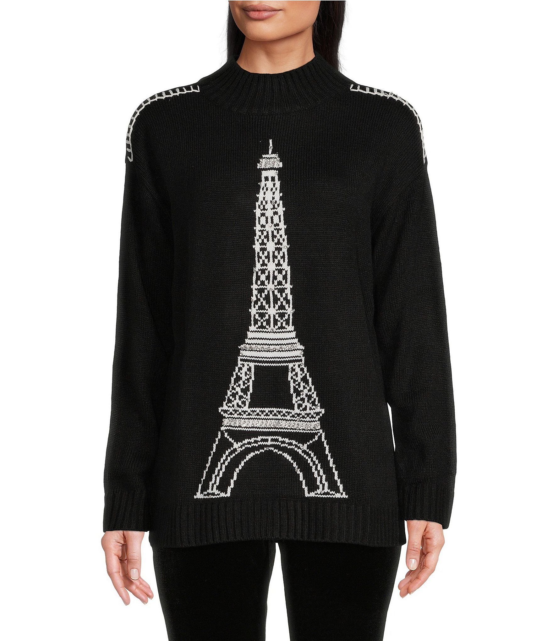 Diamond Embellished Eiffel Tower Logo Mock Neck Long Sleeve Sweater | Dillard's