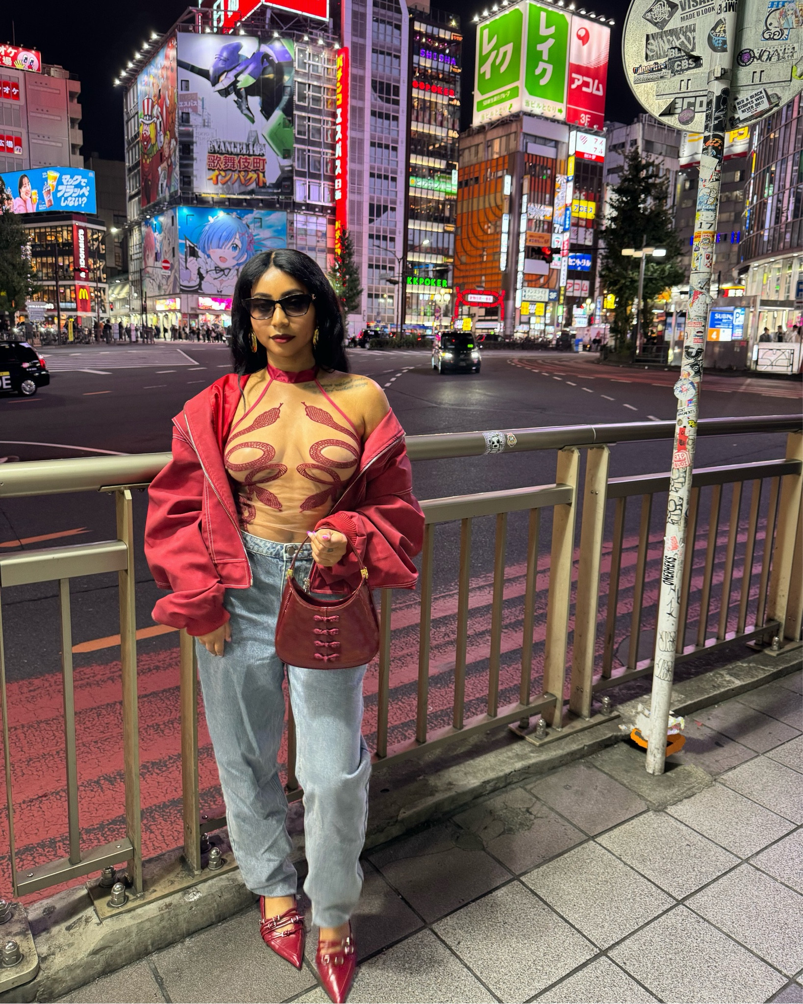 City Nights in Shinjuku 🐍❤️👛 Thistle and Spire bodysuit, Lioness Bomber Jacket, Sau Lee Mini Bag, Stradivarius Mules #bodysuit #mesh #bomberjacket #red #fallfashion #japan #tokyofashion

#LTKTravel