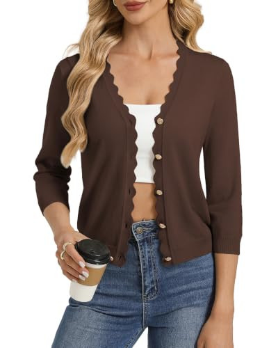 GRACE KARIN Brown Cardigan for Women, Cropped 3/4 Sleeve Lightweight Knit Bolero Shrugs, Open Front Dressy Casual Sweater | Amazon (US)