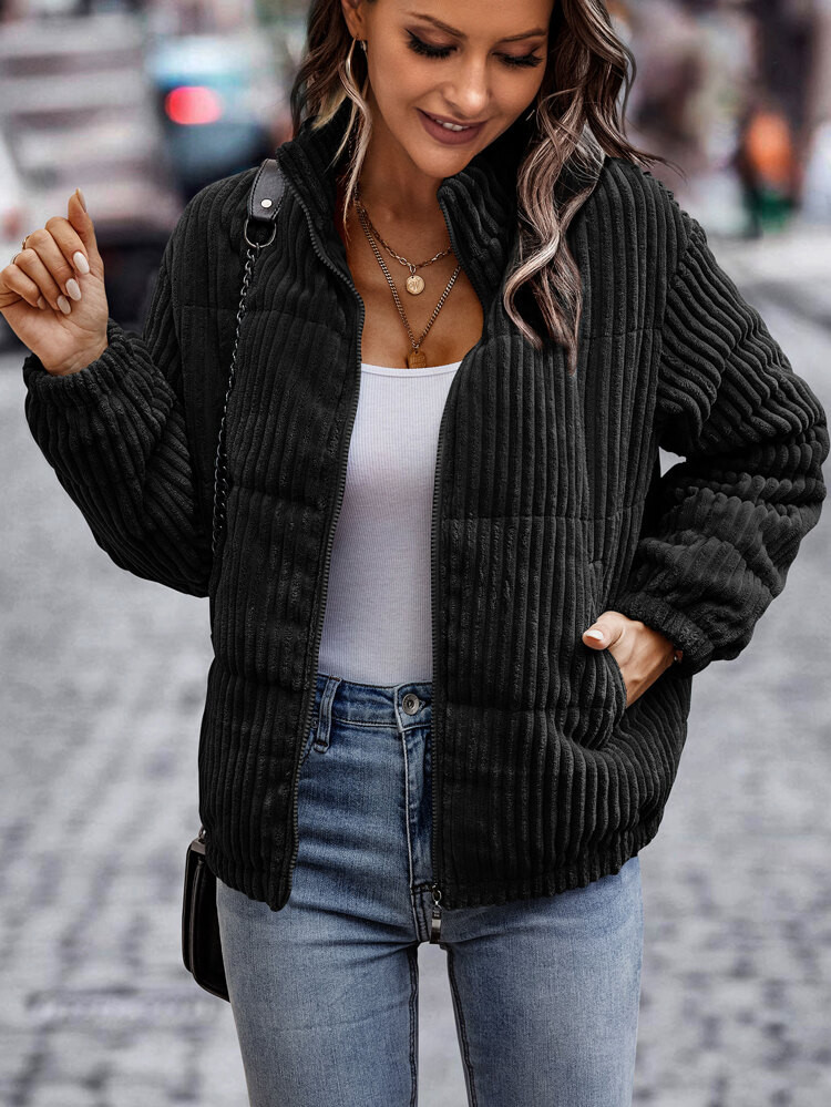 Slant Pocket Corduroy Puffer Coat | SHEIN