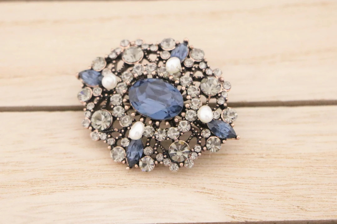 Navy Blue Crystal Brooch Pin Rhinestone Pearl Wedding Jewelry Brooch Wedding Dress Belts Brooch -... | Etsy (US)