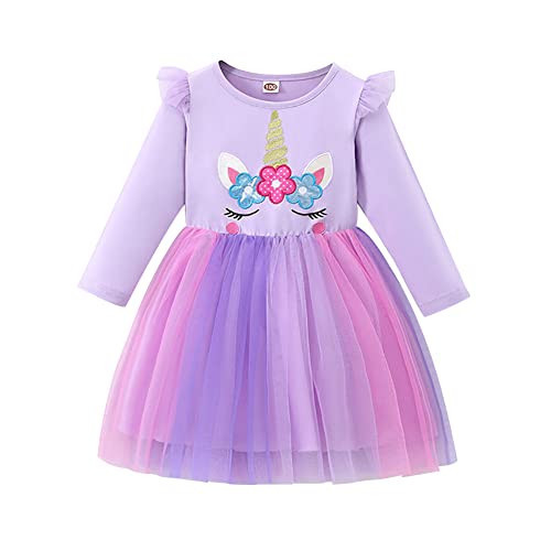 Toddler Baby Girls Unicorn Rainbow Dress Kids Little Girl Long Sleeve Fall Winter Ruffle Tulle Dress Casual Playwear Birthday Outfits Holiday Dress for Photo Shoot Purple - Unicorn Dress 7-8T | Amazon (US)
