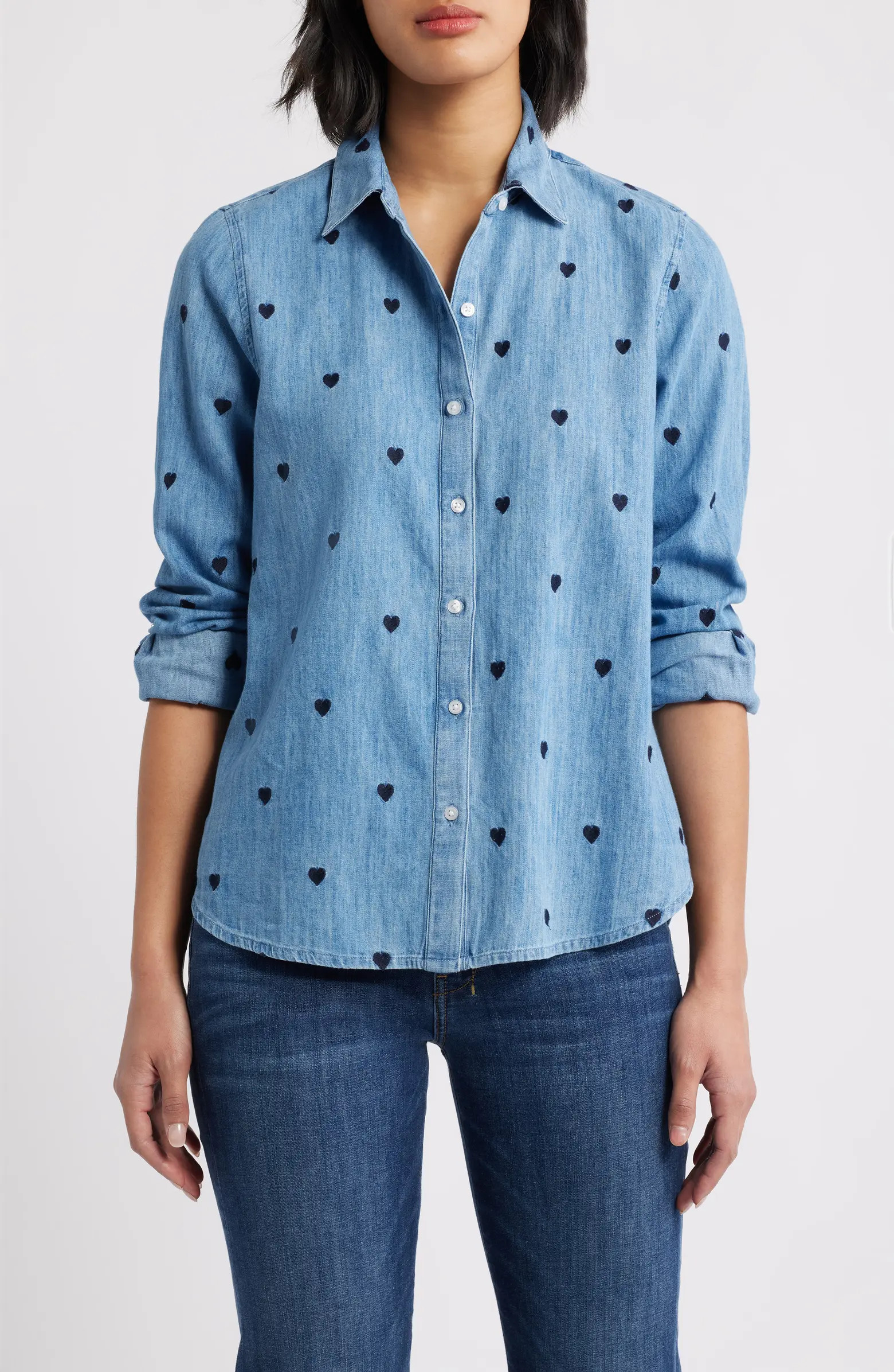 Heart Embroidered Cotton Chambray Button-Up Shirt | Nordstrom