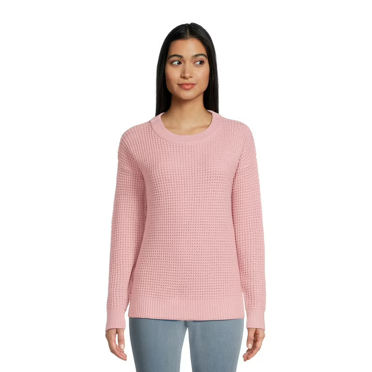Time and Tru Women's Long Sleeve Waffle Crewneck Pullover Sweater | Walmart (US)