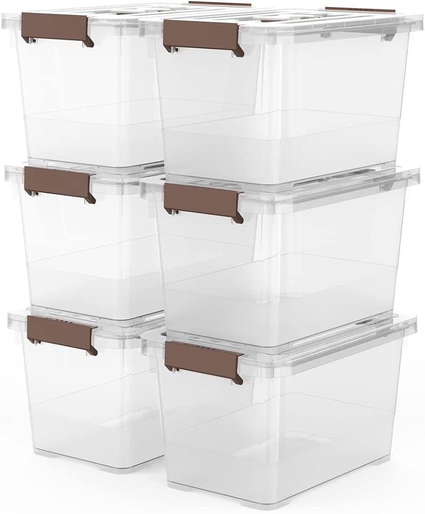 WYT 6-Pack Clear 7 Quart Storage Latch Box/Bins, Plastic Stackable Latching Box with Brown Handle... | Amazon (US)