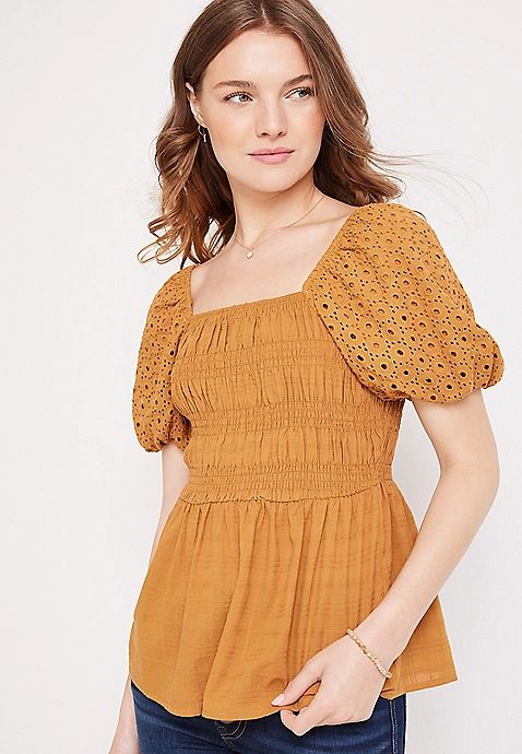 Eyelet Puff Sleeve Blouse | Maurices