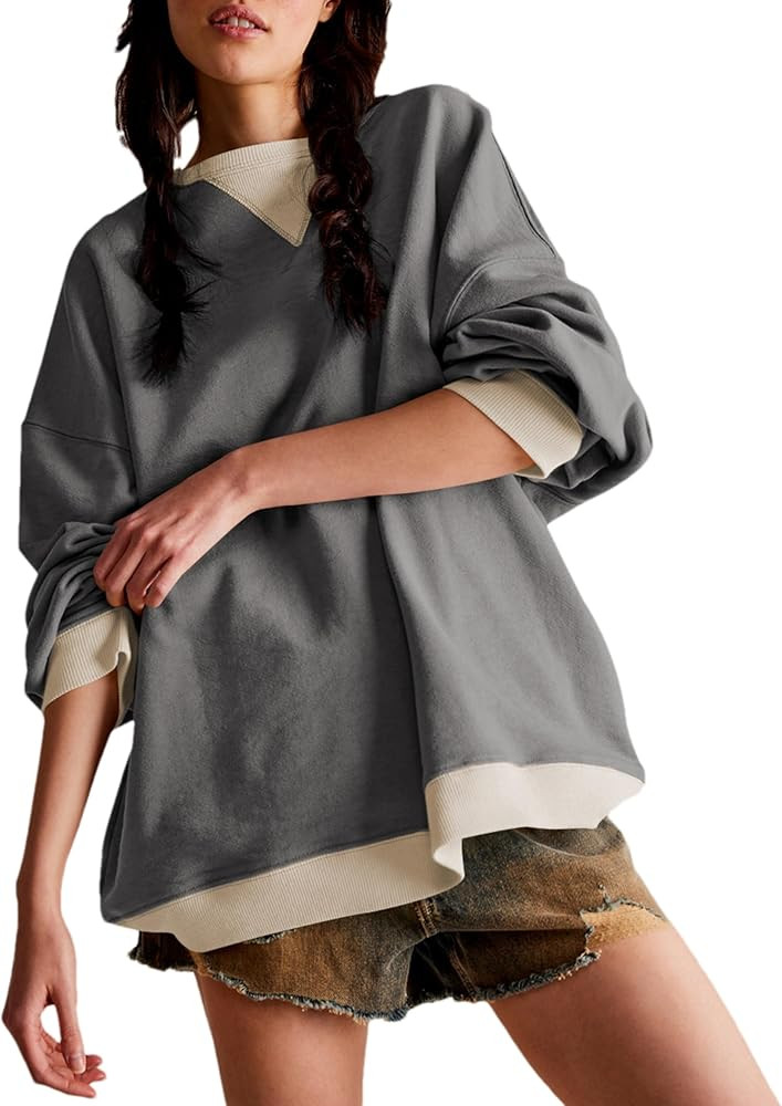 Bozanly Womens Casual Crewneck Color Block Long Sleeve Drop Shoulder Oversized Pullover Tops Swea... | Amazon (US)