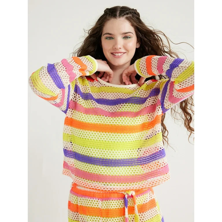 No Boundaries Juniors Crochet Coverup Top with Long Sleeves, Sizes S-XXL | Walmart (US)