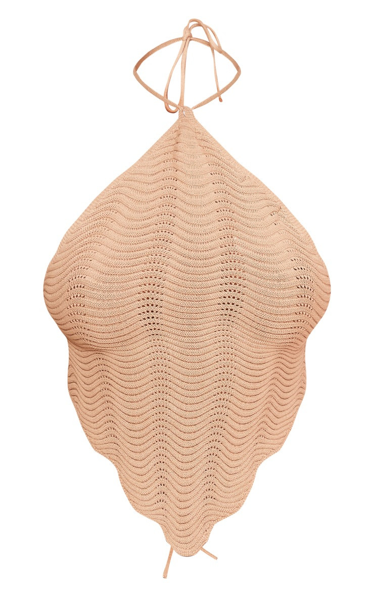 Taupe Wave Knit Halter Tie Back Crop Top | PrettyLittleThing US