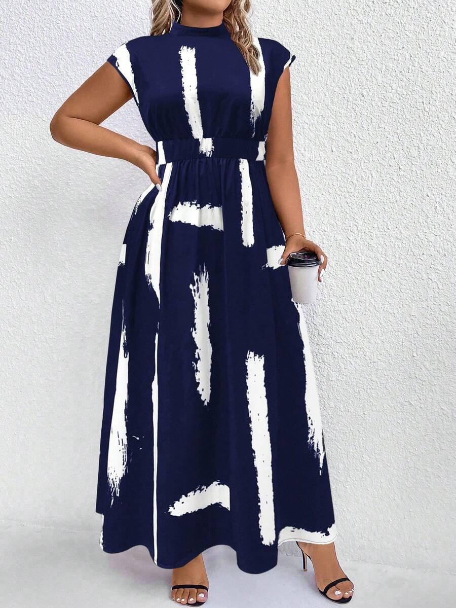 Breezaya Plus Polka Dot Print Mock Neck Dress Maxi Women Outfit | SHEIN