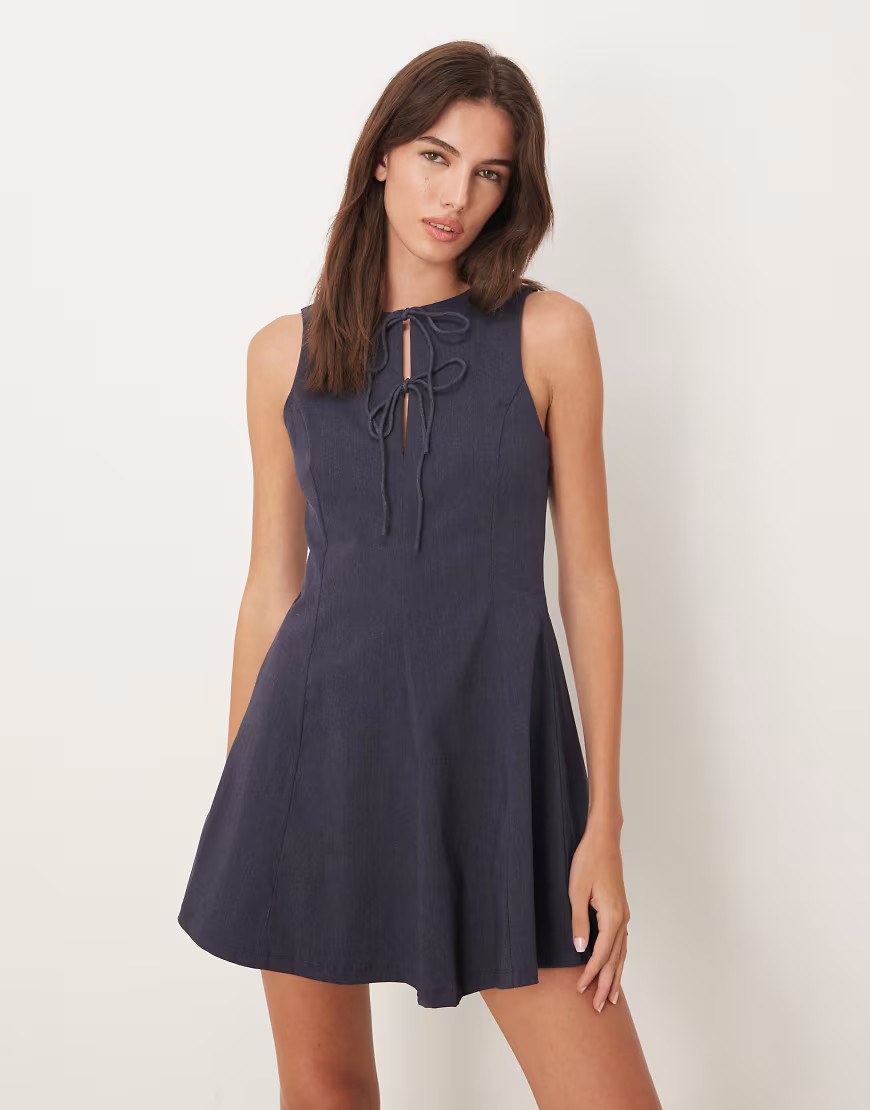 Mango tie detail fit and flare mini shift dress in blue | ASOS (Global)