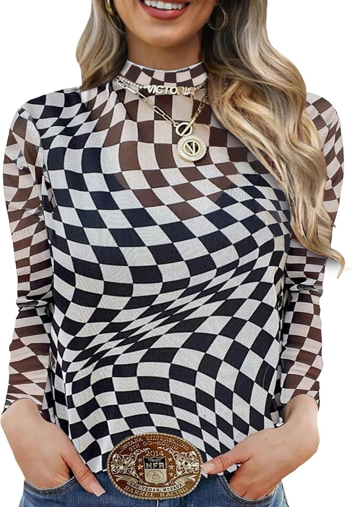OFEEFAN Womens Long Sleeve Mesh Top See Through Mock Neck Sheer Blouses | Amazon (US)