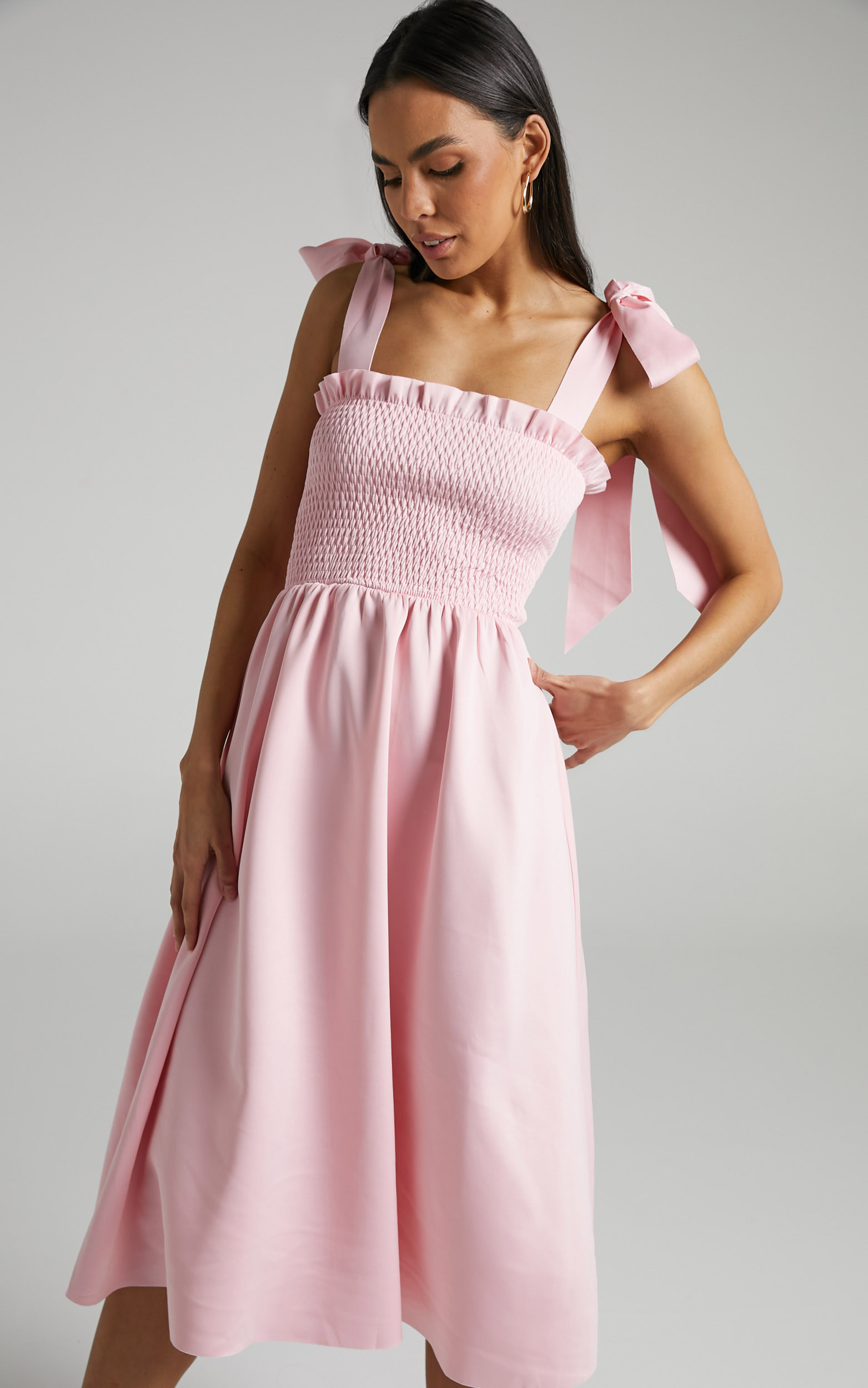 Erzsebet Shirred Bodice Tie Strap Midi Dress in Pale Pink | Showpo - deactived