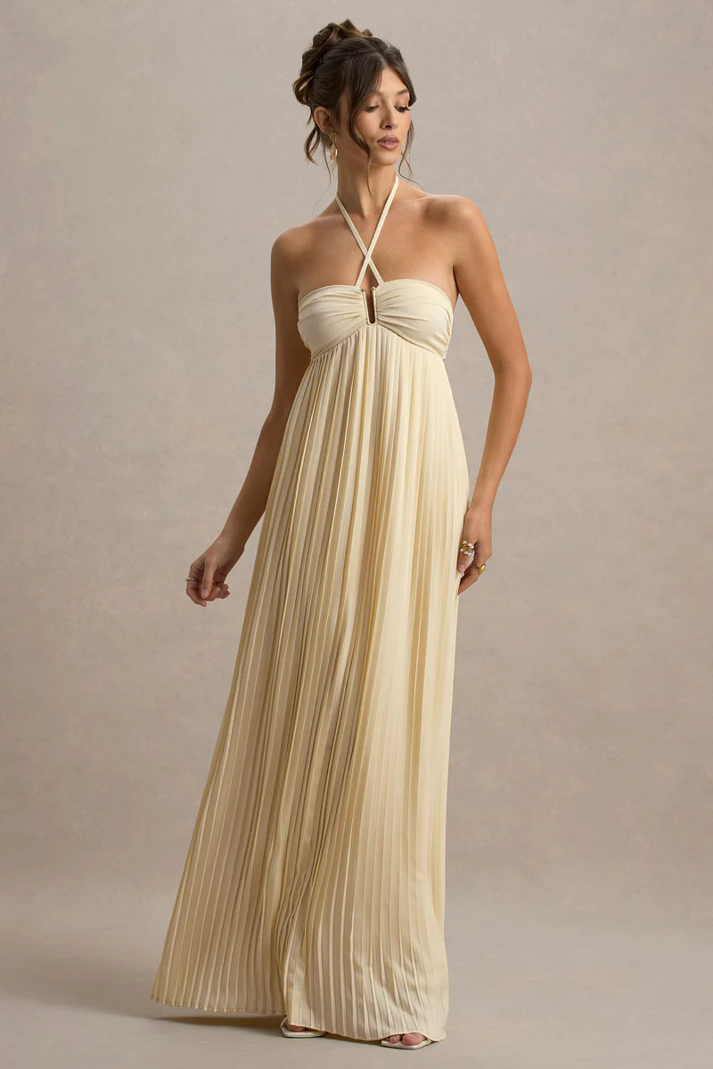 Elayne | Lemon Halter-Neck Maxi Dress With Cut-Out Detail | Club L London