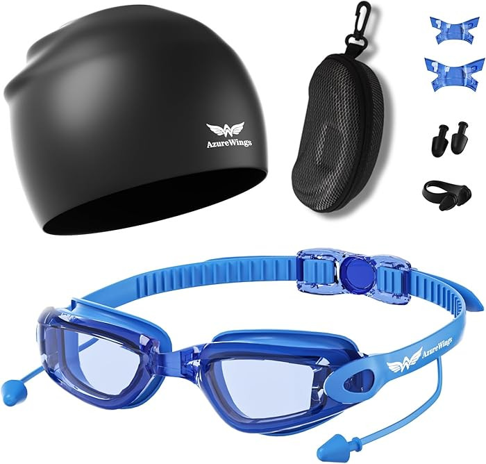 7 in 1 Swim Goggles + Swim Cap for Men Women,No Leak Anti-Fog & UV, Wide Visio HD Mirror PC Lens | Amazon (US)