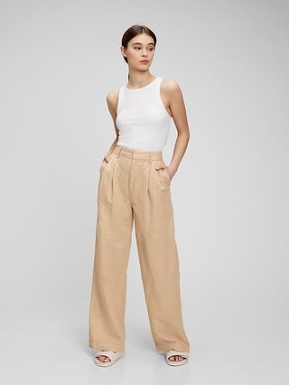 High Rise Linen-Cotton Pleated Wide Leg Pants with Washwell | Gap (US)