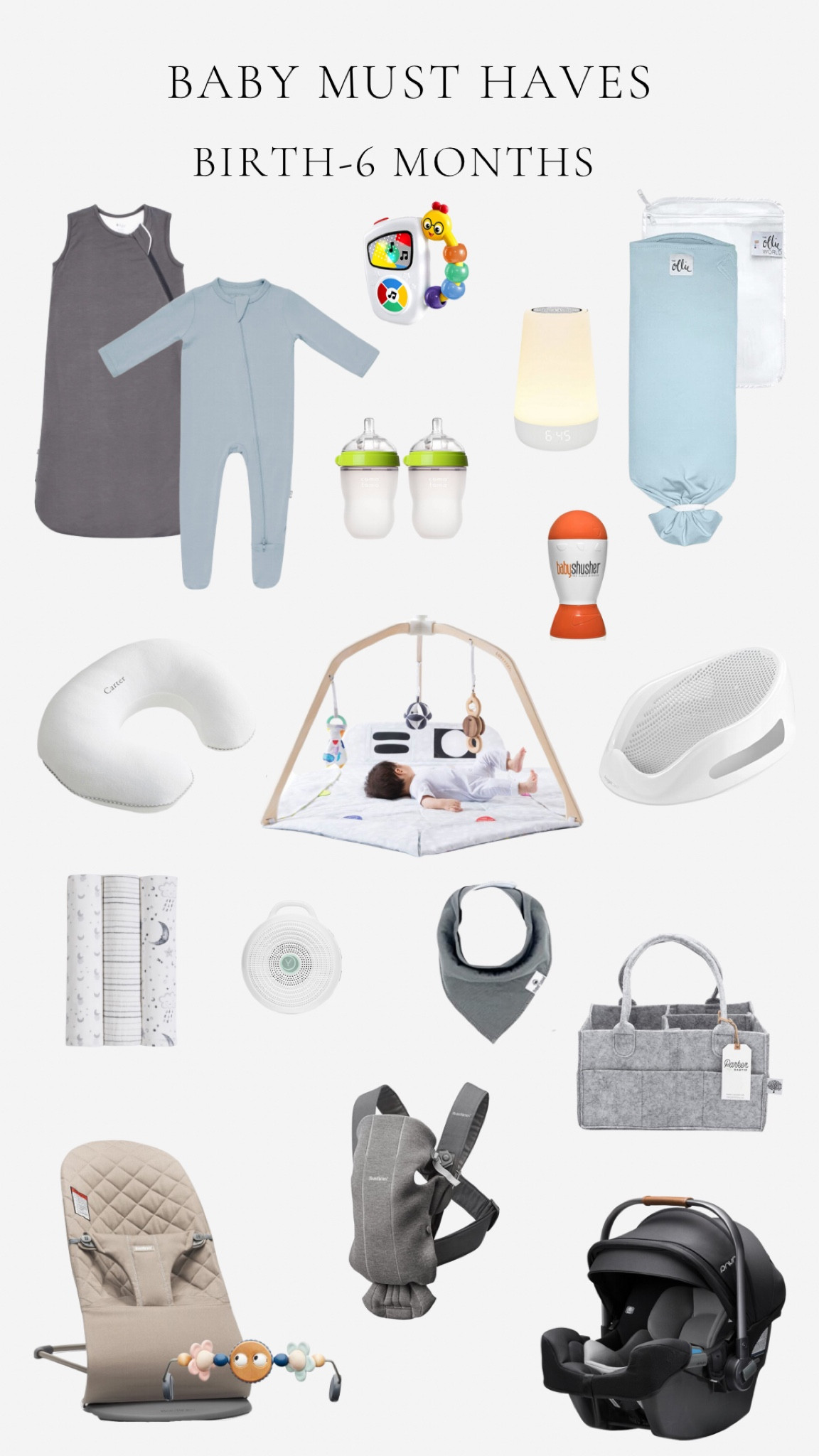 Baby product must haves. Infant car seat. Tummy time mat. Swaddle. Infant bath tub. Muslin blankets. Diaper caddy. Sleep sack. Kyte baby. Sleepers. Baby sound machine. Drool bib. Baby Bjorn bouncer. Baby Bjorn carrier. Boppy. Bottles. 

#LTKbaby