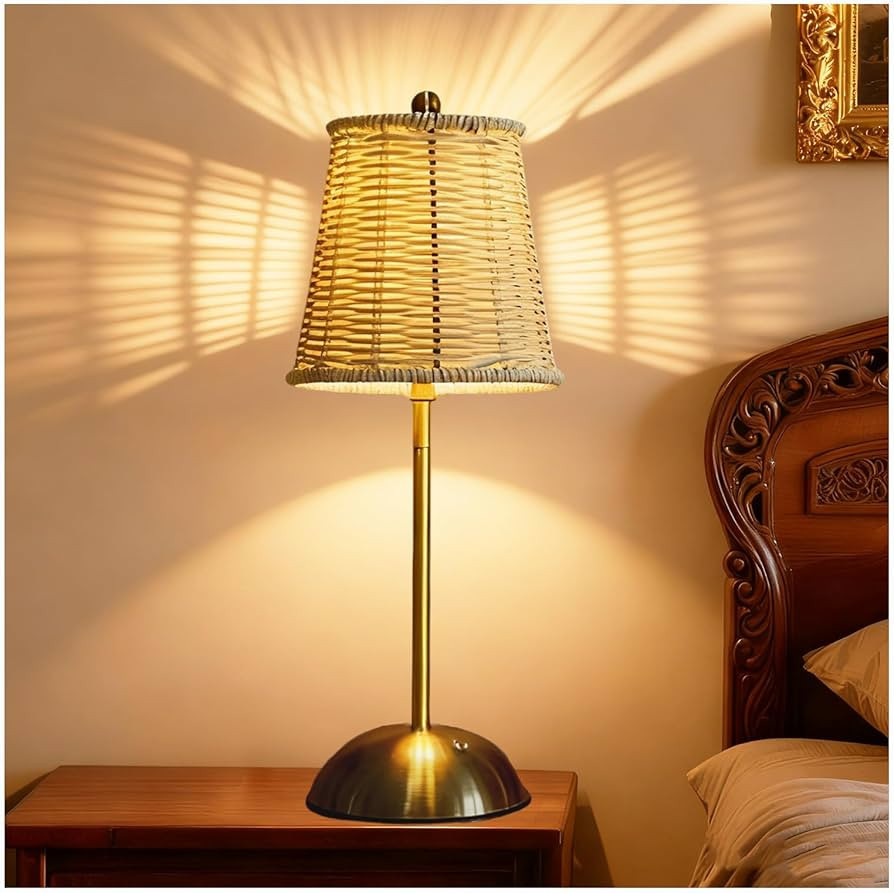 Rattan Table Lamp，Rechargeable Reading Light，3 Color Table Lamp with Touch Dimmer LED Portabl... | Amazon (US)