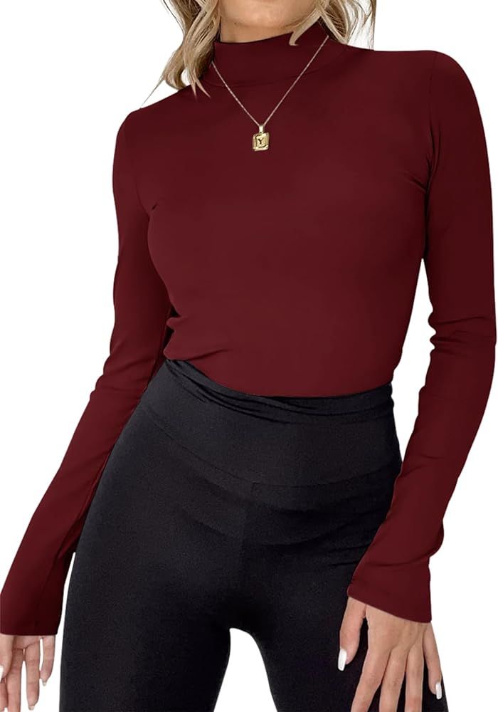 Rapbin Womens Long Sleeve Mock Turtleneck Tops Knit Basic Stretch Fitted Pullover Lightweight The... | Amazon (US)