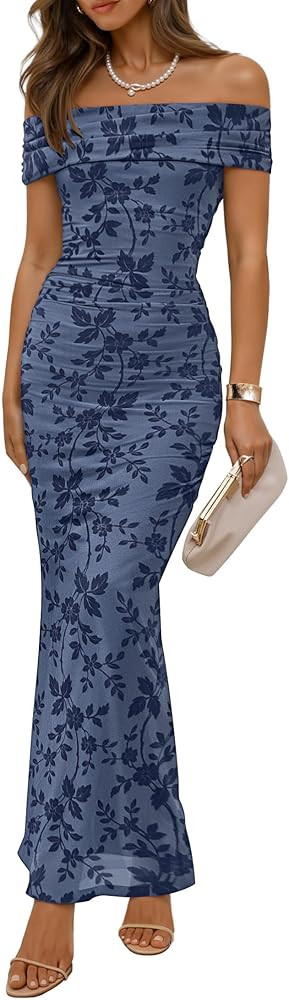Womens Dusty Blue Summer Floral Bodycon Maxi Dress 2026 Ruched Elegant Formal Cocktail Dress | Amazon (US)