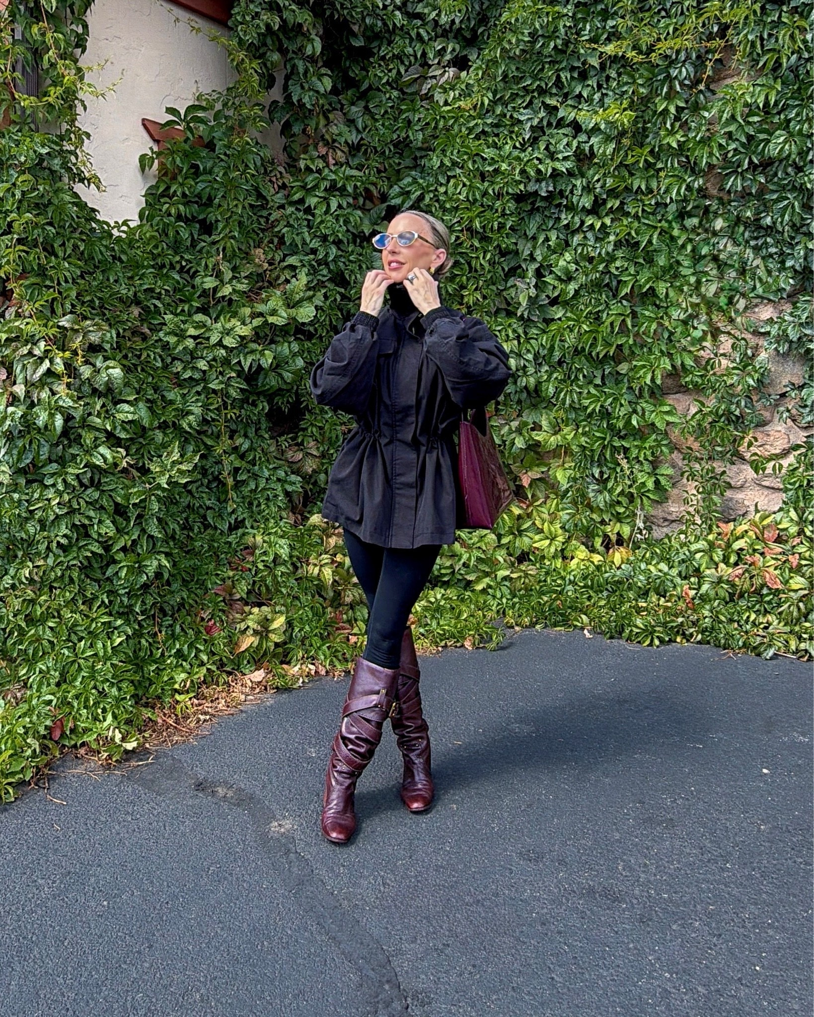 Fall outfit 🍂 Black zip up jacket with pockets, black leggings, vintage Chloe boots and burgundy patent leather Saint Laurent shoulder bag / Saint Laurent hobo bag borrowed from Vivrelle (use code evedawes for your 1st month free) as I love matching shoes and bags.

#LTKootd #LTKPetite #LTKSeasonal