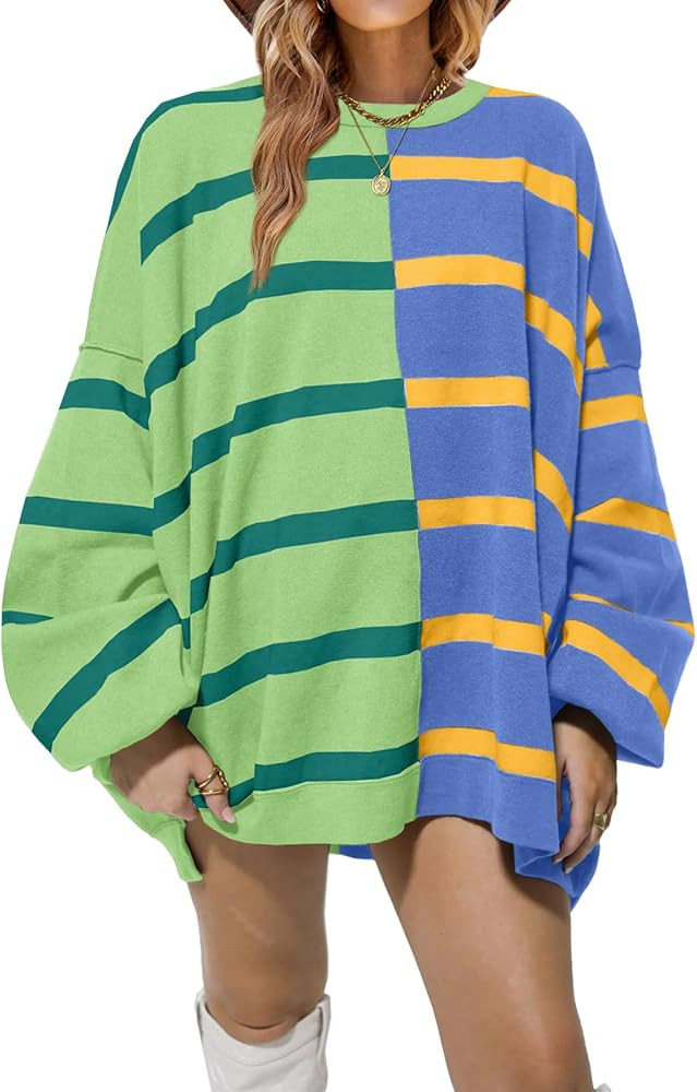 Fisoew Womens Striped Pullover Sweater Crew Neck Long Sleeve Knitted Color Block Casual Loose Lig... | Amazon (US)