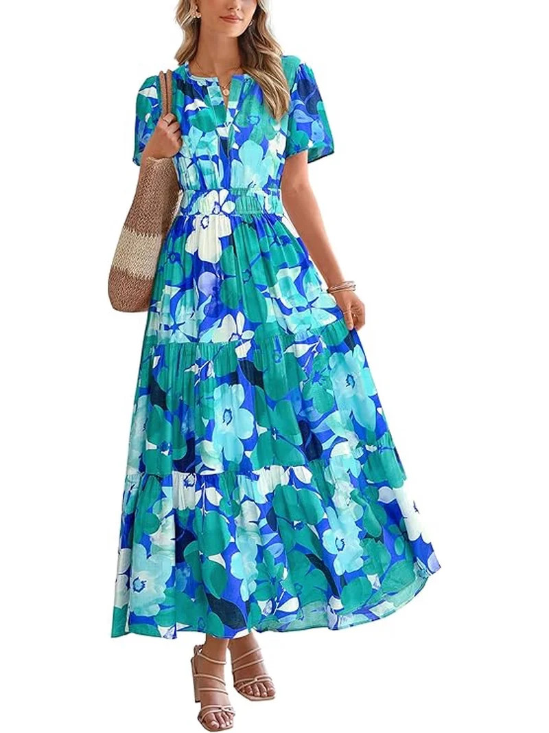 BTFBM Womens Summer Floral Maxi Dresses V Neck Short Sleeve Boho Casual Flowy Long Wedding Guest ... | Walmart (US)