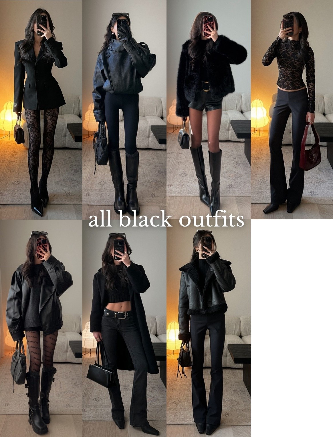 all black outfit inspo 🖤 size details below

blazer - size 00
zara leather jacket - size xs
lululemon leggings - size 0
leather shorts - size S
sheer tights - color mocha
black lace top - size xxs
low rise fitted urban pants - size xxs
quince sweater - size xs
black mini skort - size xxs
aritzia coat - size 00 short/petite length 
leather/fur trim jacket - size xxs

the items below are older / no longer available, so i linked similar options!
*lace tights are old urban - calzedonia one is very similar!
*black/gold bag is YSL - similar to coach tabby!
*black booties are old NAKD - linked similar dolce vita style
*low rise grey-black jeans are old GAP - linked similar GAP style


#LTKPetite #LTKootd
