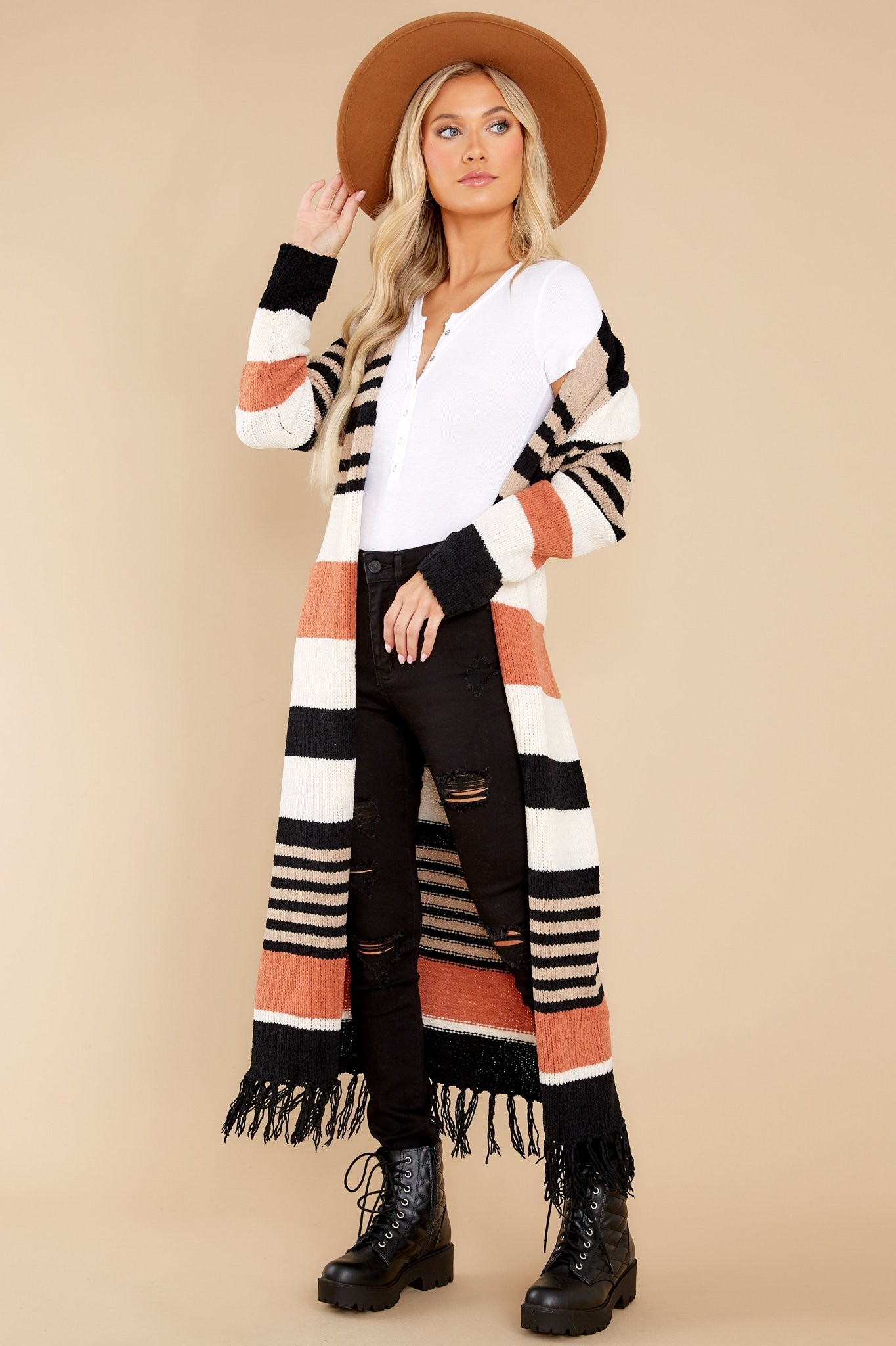 Smitten With You Rust Multi Stripe Cardigan | Red Dress 