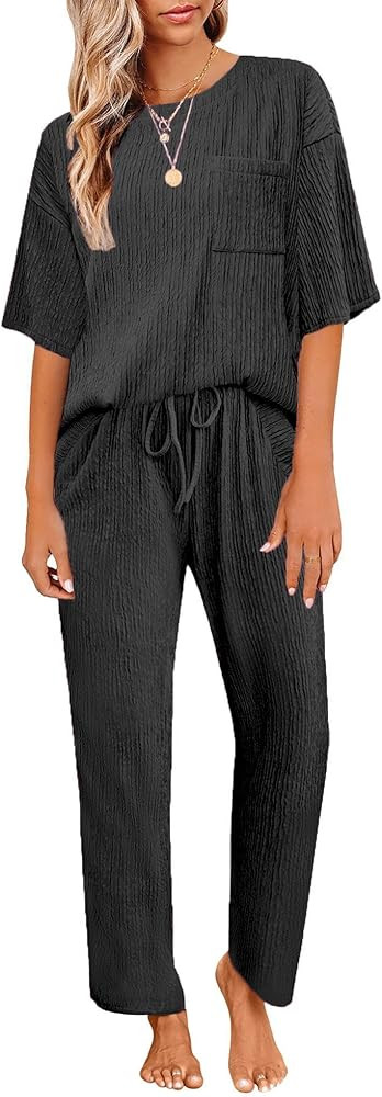 Ekouaer Pajamas Sets Womens Short Sleeve Sleepwear Pleated Soft Long Pants Loungewear Set Casual ... | Amazon (US)