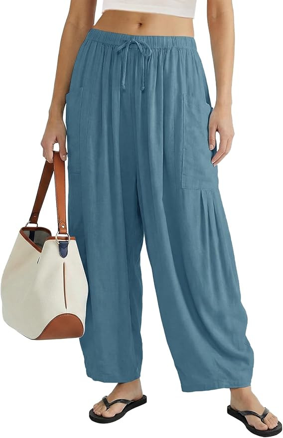 COCOMARTS Womens Linen Wide Leg Palazzo Pants Casual Loose Elastic Drawstring Flowy Pant 2025 Tra... | Amazon (US)