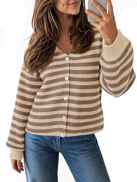 Saodimallsu Womens Oversized Striped Cardigan Fall Trendy V Neck Sweaters