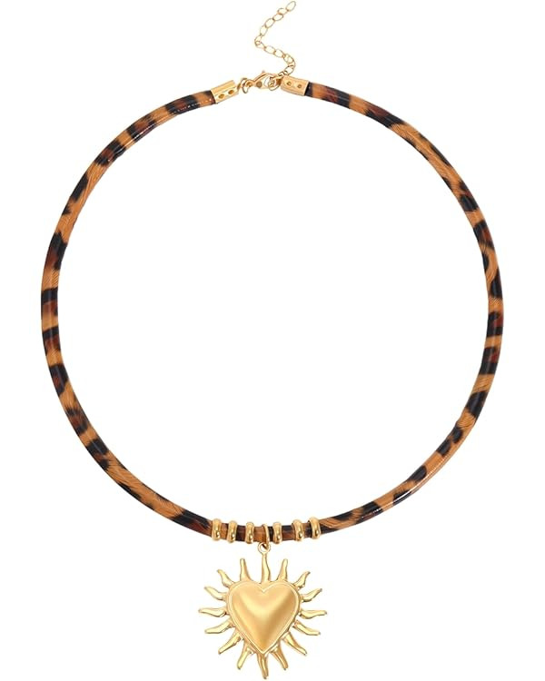 Boho Sun Necklace Chunky Statement Gold Heart Pendant Necklace Bohemia Bold Leopard Choker Jewelr... | Amazon (US)