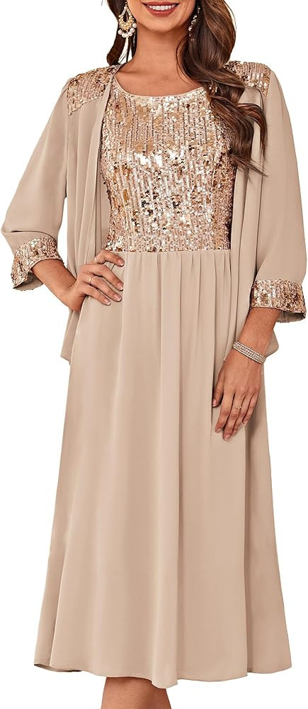 GRACE KARIN Wedding Guest Dress Mother of The Bride Dresses Two Piece Formal Sequin Dress with Ja... | Amazon (US)