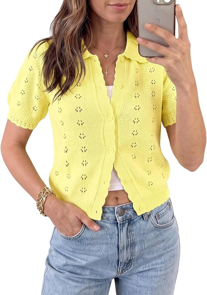 Saodimallsu Womens Puff Short Sleeve Cardigan Lightweight Crochet Knit Button Scalloped 2026 Summ... | Amazon (US)